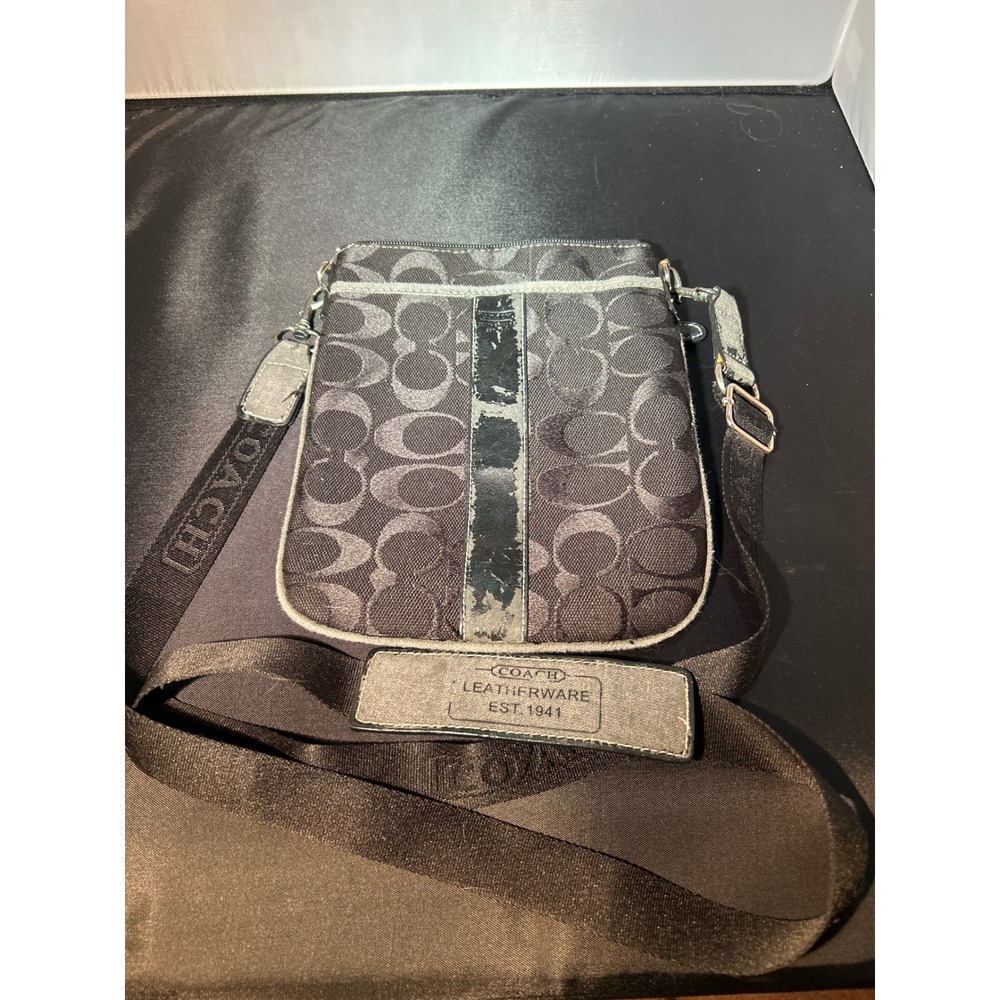 Coach Signature Monogram Canvas Stripe Crossbody Bag‎ Black Tan